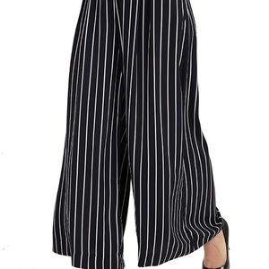 Black/White Striped Women High Waist Casual Wide Leg Palazzo Pants Trousers